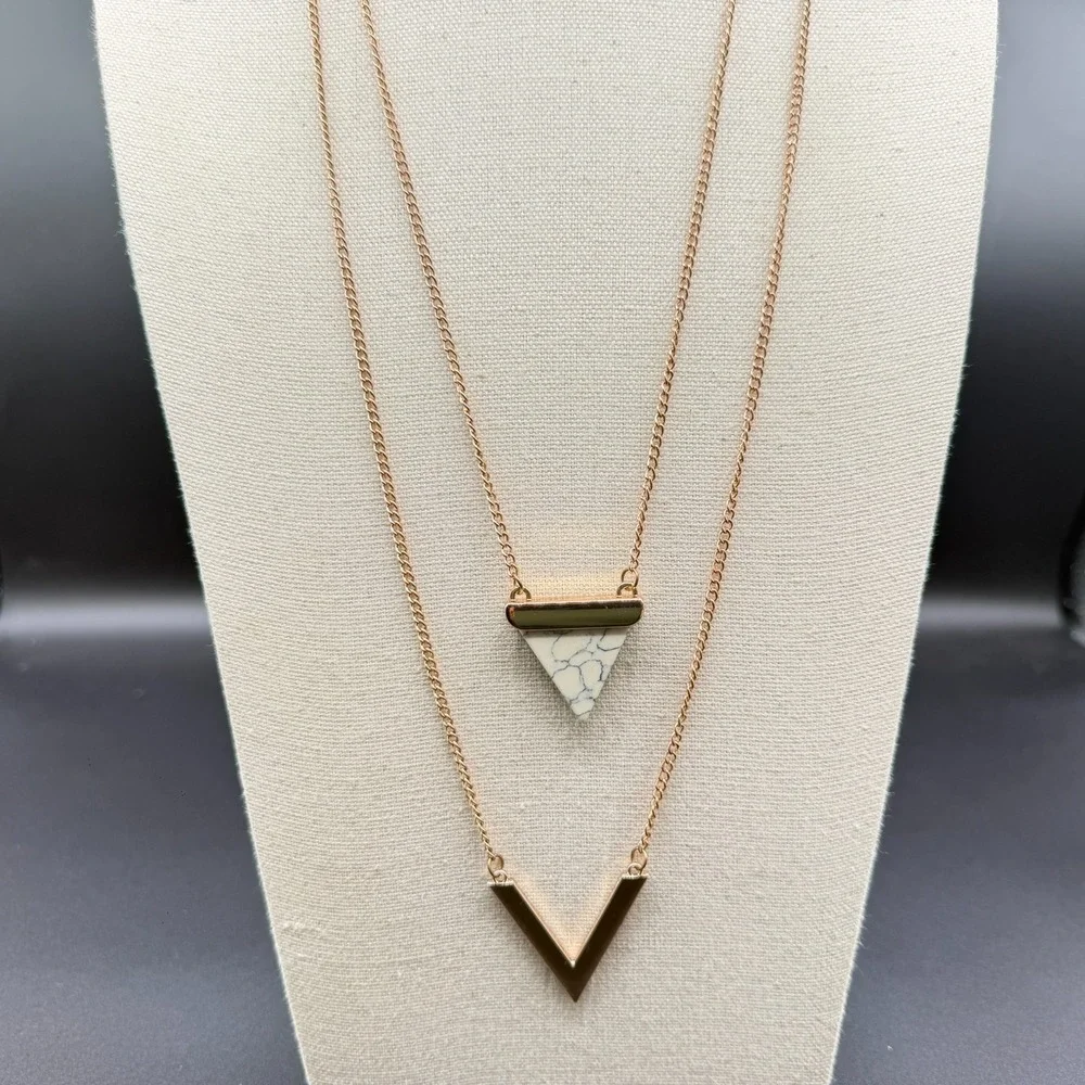 Rose Gold Tone Layered Necklace White Stone Triangle V Pendant Boho Statement